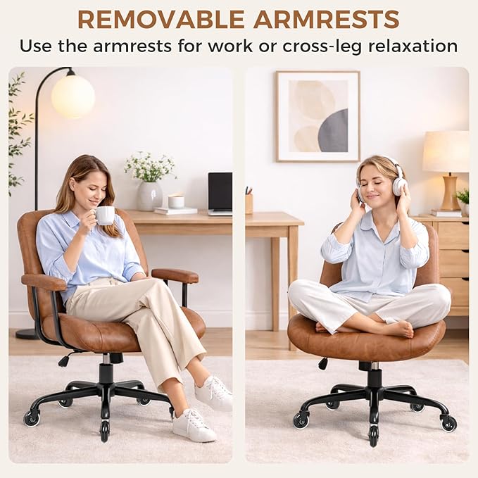 Brown Leather Office Chair with Quiet Rubber Wheels and Lumbar Support, Mid-Back Ergonomic Desk Chair with Removable Armrests, Height Adjustable Computer Chair for Home Office