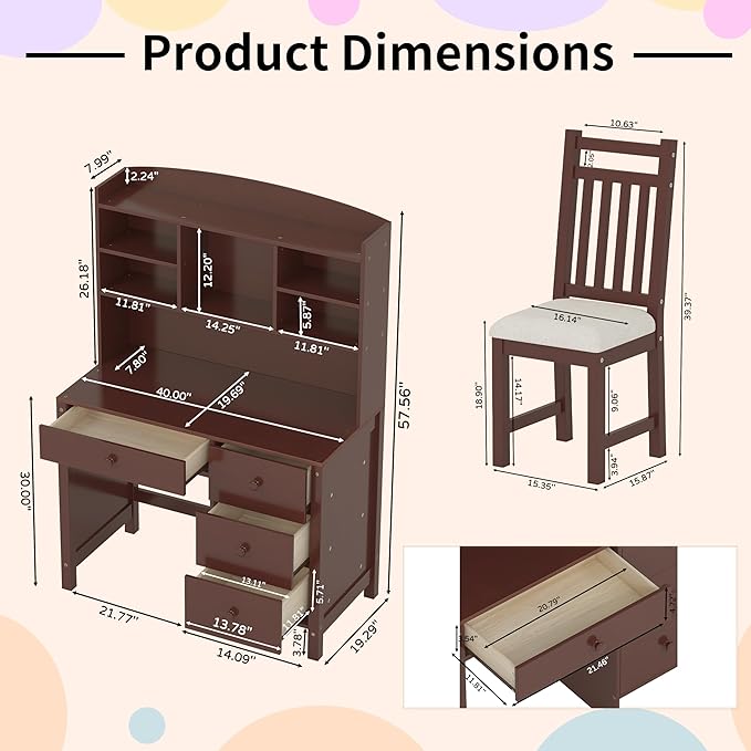 40" Home Executive Desk and Upholstered Chair Set with Bookshelf,Vintage Style Computer Desk with 4 Drawers & Storage Shelf,Study Set for Office, Bedroom or Living Room (Espresso)