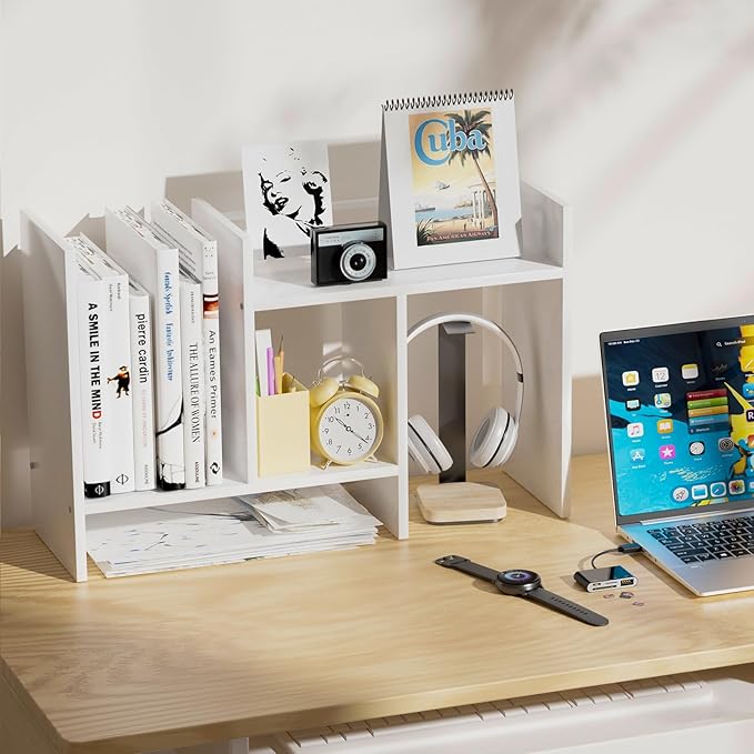 Desk Shelves Wood Desktop Orgnizer Shelf. Office Organization for Top of Desk Organizers and Accessories Bookshelf Shelving,Adjustable Tier H-Shape Mini Bookcase(White)