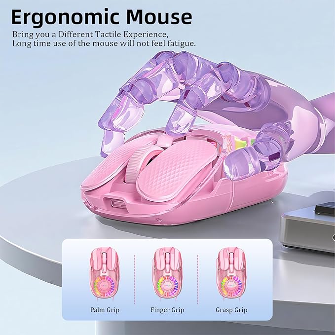 Wireless Bluetooth Mouse, Transparent BT+2.4G Dual-Mode Gaming Mouse with Magnetic Top Cover, Rechargeable RGB Backlit Computer Mouse for Laptop, PC, MacBook, iPad (Pink)