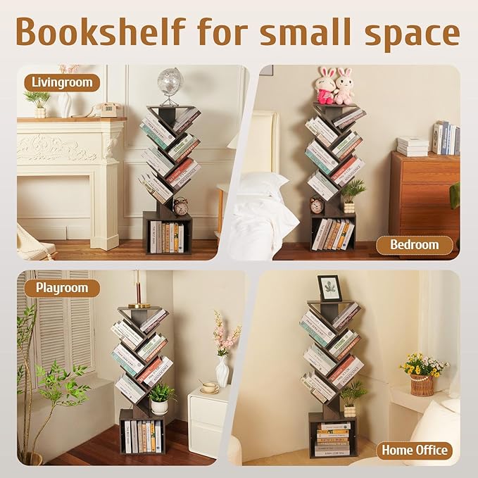 7 Tier Tree Book shelf, Small Bookcase with Reading Planner and Activity Panel, Modern Floor Standing Corner Tall Narrow Storage Cabinet Bookshelves for Home Office Bedroom Living Room (Gray)