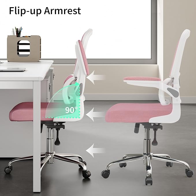 Office Chair, Ergonomic Desk Chair - Thick Cushion Adjustable Height Computer Chair with Lumbar Support and Flip-up Armrests, Pink Home Office Desk Chairs, Swivel Executive Task Chair…