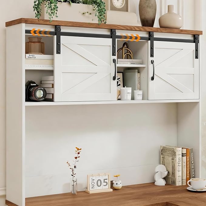 Vabches Farmhouse 68" H L Shaped Desk with Hutch,Office Table with 3 Drawers and Sliding Doors, Executive Desk with File Drawers, Wood Workstation for Home Office and Study