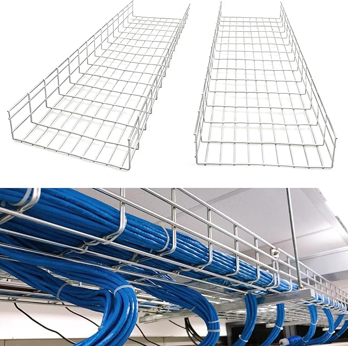 Wire Mesh Cable Tray, 60" x 18" x 4", | Zinc Plated Steel Cable Management Rack, Adjustable Cable Basket for Network, AV, Fiber Optic, Garage & Office Use(2Pcs)