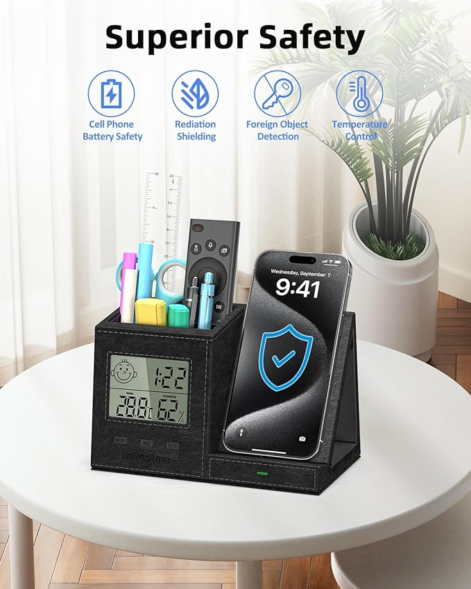 Pen Holder with Desk Organizer, Pencil Holder for Desk, Built in Digital Indoor Thermometer and Humidity Monitor, Multi-Functional Pencil Organizer for Home Office Supplies, Vegan Leather, Black