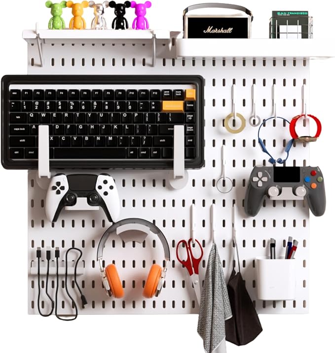Keepo Peg Board Wall Organizer for Gaming Setup, Pegboard with Adhesives & Screw Mounts, Includes Peg Board Accessories for Gaming Accessories, Tech Storage & Office Organization (White, 22″×22″)