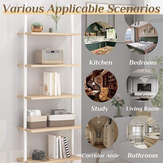 Karl home Ladder Shelf 5 Tier Wall Mounted Bookcase with Metal Frame, Open Design Shelves for Living Room, Bedroom, Home, Office, Oak Color (23.62" L x 11.81" W x 70.87" H)