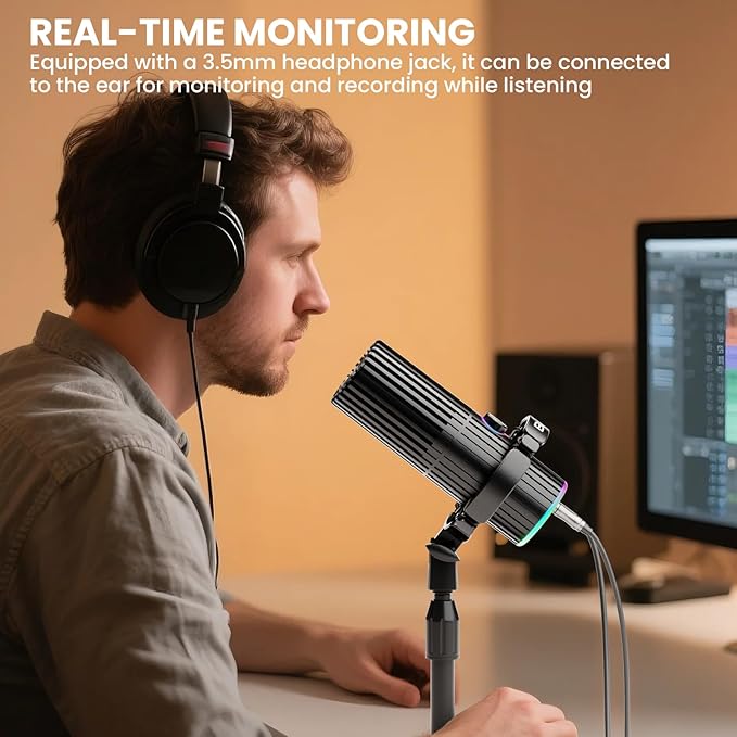 BASN USB/XLR Dynamic Microphone, Live Streaming, Gaming Recording with Three-in-One Mute Button,RGB Lighting and MIC Stand for PC (Black) SL2000