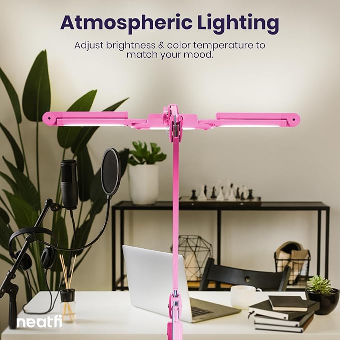 Neatfi 3,000 Lumens LED Desk Lamp, Dimmable, 360 SMD LEDs, 30W, CRI 95, Adjustable Light Modes, Task Lamp for Home Office, Study, Workstation (Pink, 44-Inch, CCT with Clamp)