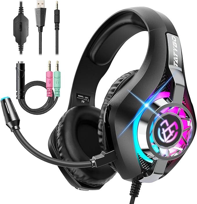 Tatybo Gaming Headset for Xbox One PC, Over-Ear Gaming Headphones with Surround Sound, Noise Canceling Mic
