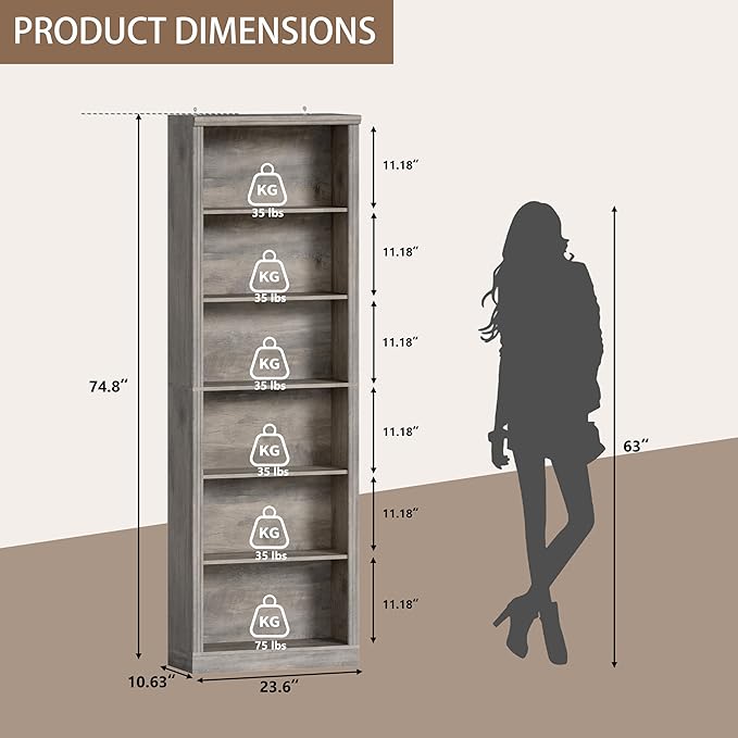 Wodeer Tall Bookshelf, 6-Tier Bookcase with 2 Adjustable Shelves, Modern Farmhouse Storage for Living Room, Entryway, Office, 23.6" W x 74.8" H x 10.6" D, Grey