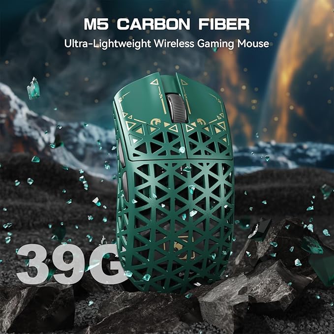 MAMBASNAKE M5 Ultra Carbon Fiber 8KHz Wireless Gaming Mouse,PAW3950MAX Sensor 42K DPI,39g Superlight Tri-Mode 2.4GHz/BT/Wired Computer Mice,Web Driver Support,for Win/Mac/FPS/MOBA/Esports-Green (B)