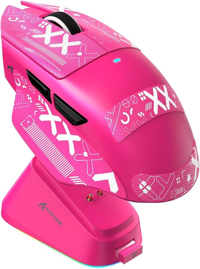 ATTACK SHARK V6 Wireless Gaming Mouse with RGB Charging Dock, 25K DPI PAW3311 Sensor, 1K Polling Tri-Mode PC Mice, 500mAh Battery, Cloud-Based AI Driver for Win/Mac, Red & Tape