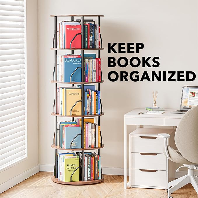 SpaceAid 5 Tier Rotating Bookshelf Tower, 360 Display Stackable Spinning Bookcase, Space Saving Revolving Round Book Shelf, Floor Standing Swivel Corner Organizer, Brown Wood