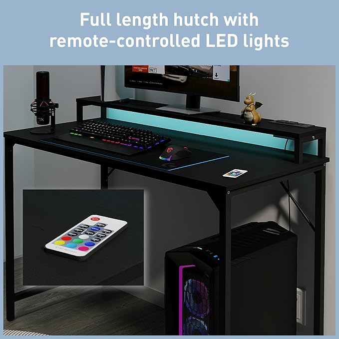 Realspace® Rezio 47" Computer Desk with Hutch and Integrated Power, Black, BIFMA Compliant