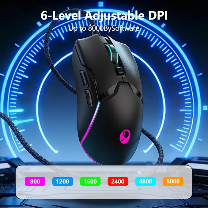Wired Gaming Mouse,Ergonomic 8000 DPI Optical Gaming Mice with 12 RGB Backlit Modes, 6 Programmable Buttons, DIY Software for PC Gamer & Office