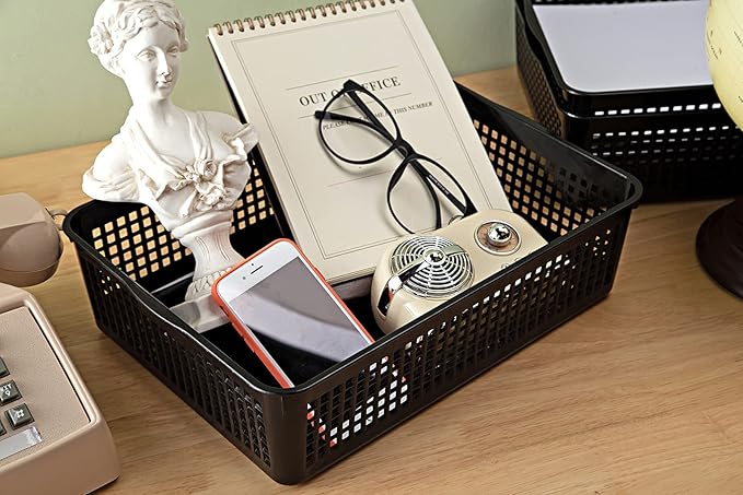Eslite A4 Size Plastic Storage Basket,Desktop File Paper Letter Organizer Tray, 6-Packs (Black)