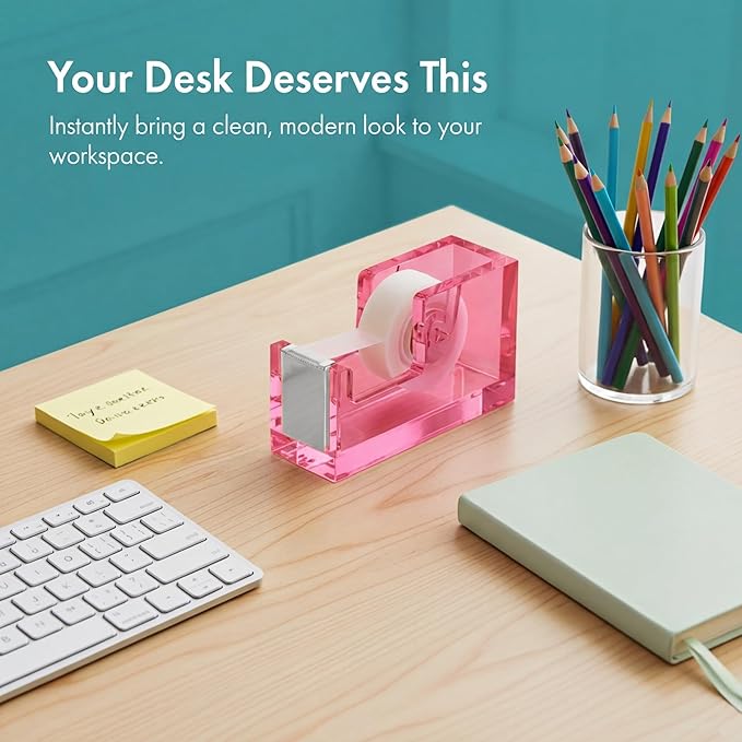 OfficeGoods Acrylic Tape Dispenser – Modern Desk Organizer for Office Supplies, Heavy Duty Refillable Tape Holder for Home and School Crafting, Stylish Desktop Accessory for Gift Wrapping, Pink