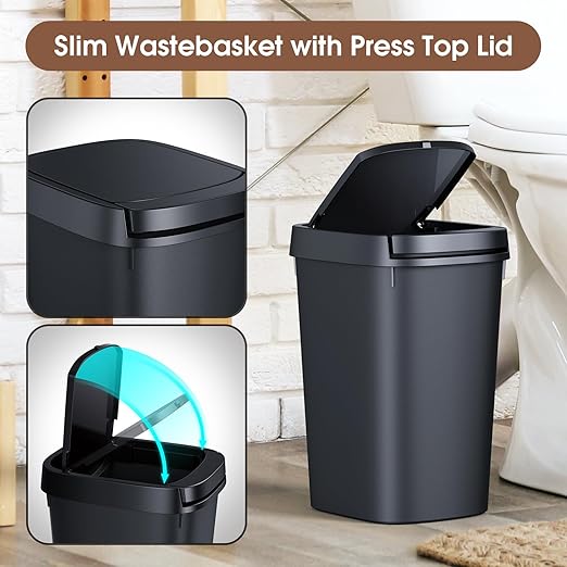 CEROELDA Small Bathroom Trash Can, 2.6 Gallon Slim Mini Garbage Can Small Trash Bin Plastic Waste Basket for Dorm Room, Bedroom, Office, Toilet (1 Pack-Black)