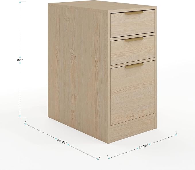 Martha Stewart Kayden Home Office Modular Desk with Drawer and 3 Drawer File Cabinet in Light Natural with Brushed Gold Hardware