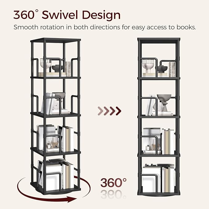 MAHANCRIS 4-Tier Rotating Bookshelf, Freestanding Corner Bookshelf, 360° Spinning Bookcase, Industrial Style Storage Rack with Rails, for Living Room, Bedroom, Study, Black BKBK1501