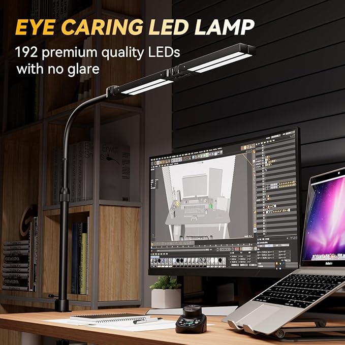 Adjustable LED Desk Lamp – Stepless Dimming & Color Temp Remote Control, Eye-Caring 4 Large Light Souce, Flexible Neck, Clamp, 5 Lighting Modes for Reading, Computer, DIY (Black)