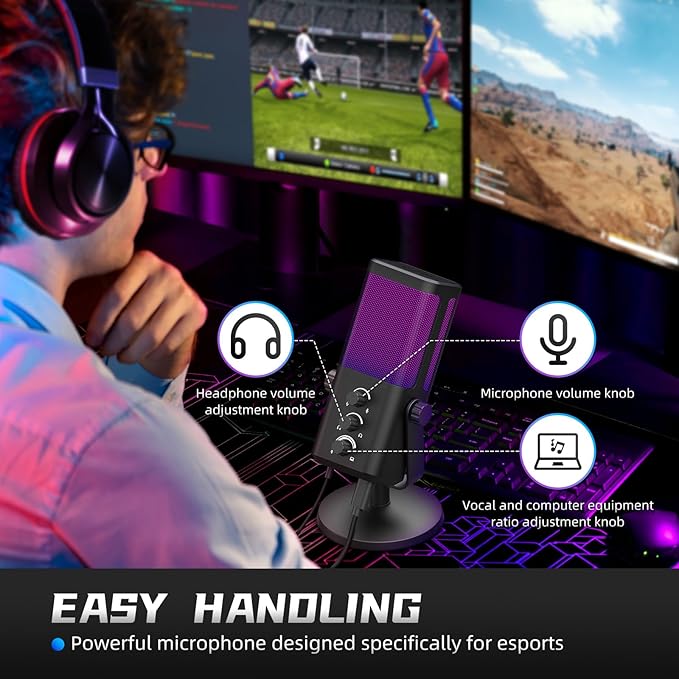 XTUGA M7 Dynamic Microphone for Gaming Streaming with RGB Light,Computer Condenser Mic Noise Reduction Real-Time Monitoring for Podcast,Studio,PC,PS5,Mac,YouTube