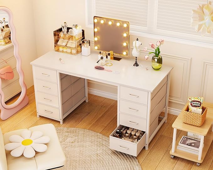 Casaottima 48 Inches Vanity Desk with 8 Fabric Drawers, Modern Office Desk with Large Storage for Home Office, Study, White