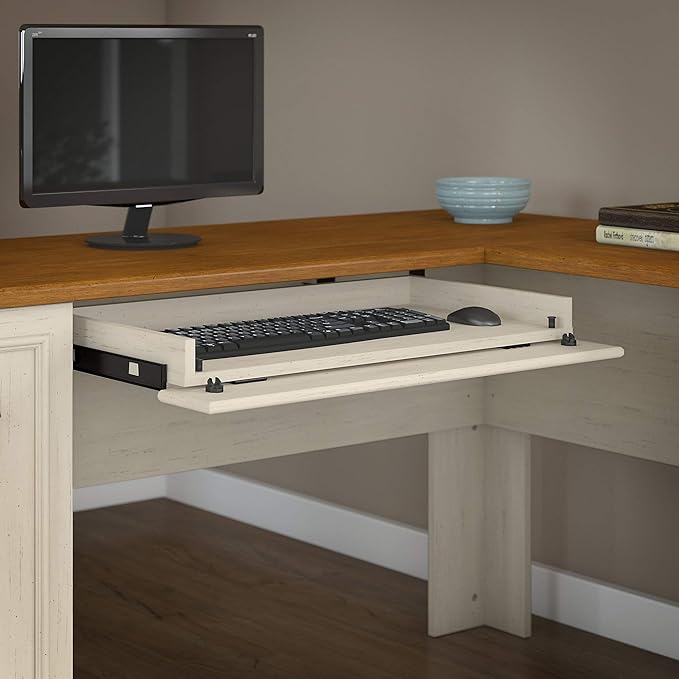 Bush Home Fairview 60W L Shaped Desk with Hutch, Lateral File Cabinet and 5 Shelf Bookcase in Antique White and Tea Maple
