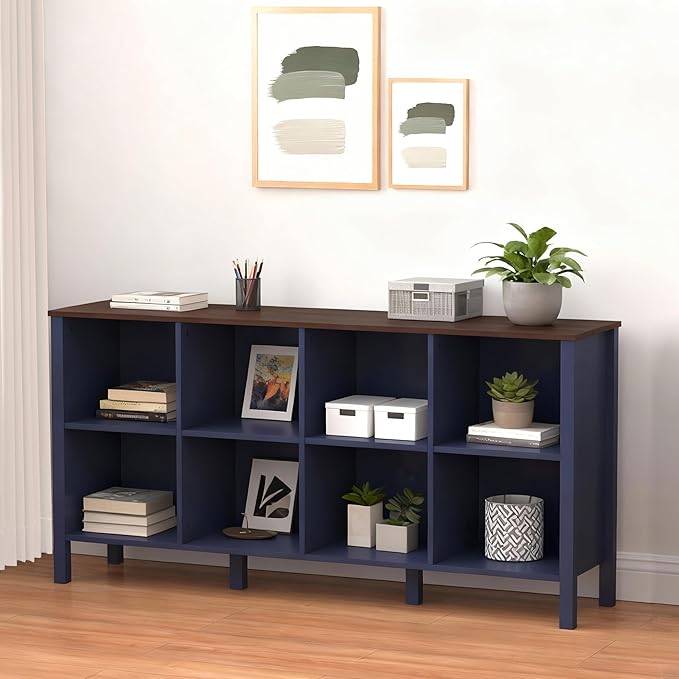 8-Cube Bookcase, Farmhouse Wooden Bookshelf Low Storage Organizer, 59" Horizontal Navy Blue Console with Legs, Hallway Book Case for Entryway, Display Cabinet for Living Room (Navy Blue, 8-Cube)
