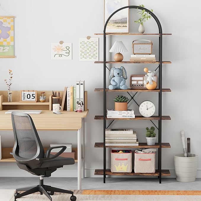 Arbuxzuy 6 Tier Bookshelf, 83" Tall Arched Bookcase, Tall Book Shelf with Metal Frame, Industrial Display Standing Shelf for Living Room, Home Office, Bedroom, Brown