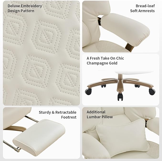 EXCEBET Big and Tall Executive Office Chair with Footrest, 400LBS Capacity Ergonomic High-Back Desk Office Chair with Lumbar Support, Padded Armrests & Thick Cushion, White PU Leather Chairs