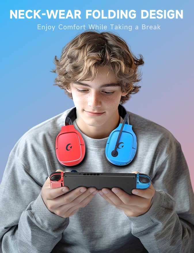 Gvyugke 2.4GHz Wireless Gaming Headset for Switch/Lite/OLED - Bluetooth 5.3 Gaming Headphones with 7.1 Surround Sound for Fortnite, 50mm Speakers, 70H Battery, Blue Lighting - BlueRed