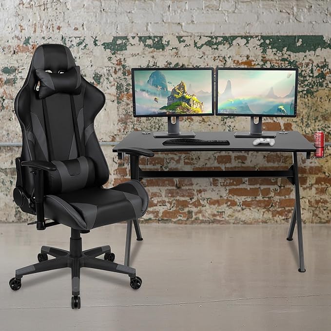 Flash Furniture Black Gaming Desk and Gray/Black Reclining Gaming Chair Set with Cup Holder, Headphone Hook & 2 Wire Management Holes