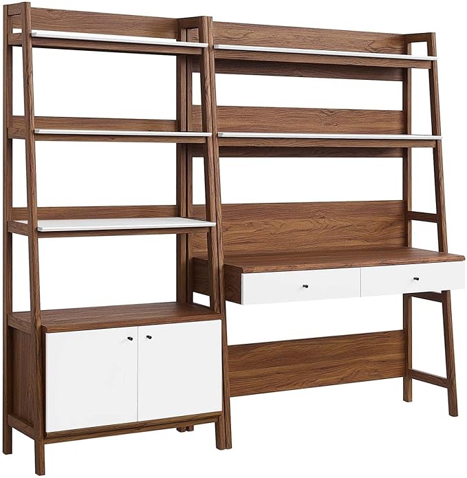 Modway 2-Piece Home Office Desk and Bookshelf Display Case in Walnut White