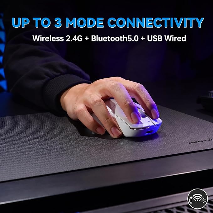 A.JAZZ Ajazz AJ199 Wireless Gaming Mouse Ultra-Lightweight 55g Tri-Mode Connection 24000 DPI PAW3311 Sensor Carbon Fiber Shell 500mAh Battery 1K Polling Rate Durable & Anti-Slip Design White