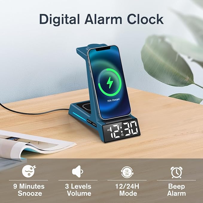 ANJANK Wireless Charging Station for Multiple Devices Apple, 3 in 1 Wireless Charger Stand with Alarm Clock, Charging Dock for iPhone 16/15/14/13/12/11/Pro/Max/XR/XS/8 Plus/iWatch/AirPod