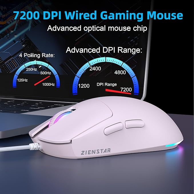 HXMJ Wired USB C Gaming Mice,7200DPI,Corded Mouse with RGB Backlit for Apple MacBook,Tablets,Computer or Laptops with Type C Port-Pink