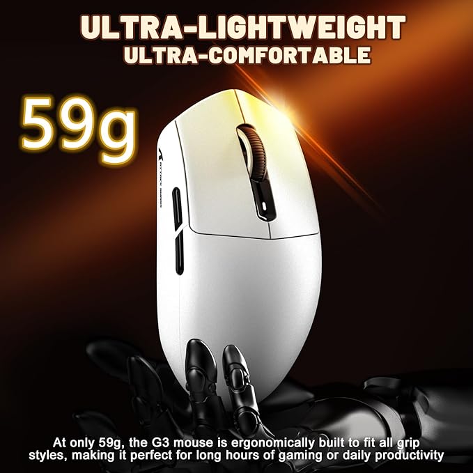 MAMBASNAKE Attack Shark G3 Wireless Gaming Mouse with Tri Mode Wired/2.4Ghz/BT,59g Ultra-Lightweight,25000 DPI,1000 Polling,PixArt PAW3311 Sensor,500mAh Long Battery,Programmable for PC Gamer(White)