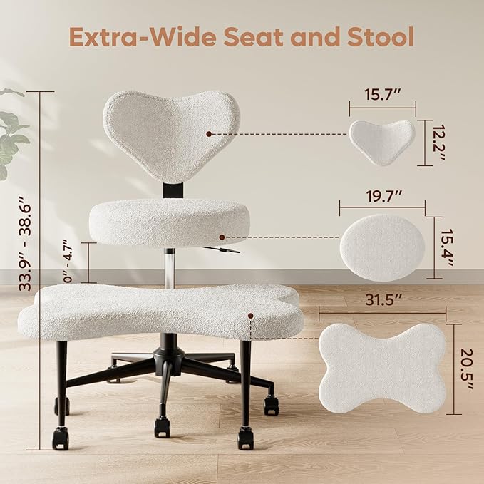 Pinmoco Ergonomic Cross Legged Chair, 360° Swivel Meditation Chair with Wheels, Height Adjustable Seat for ADHD, Strong Lumbar Support, Chic Home Office Furniture, Teddy Fabric, Off White