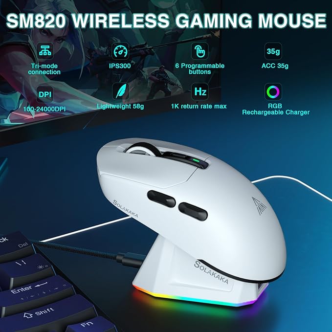 SOLAKAKA SM820 Wireless Gaming Mouse with RGB Charging Dock,24000 DPI Tri-Modes Wireless Mouse with 2 Side Buttons,Programmable Macro Mouse for Gaming(White)