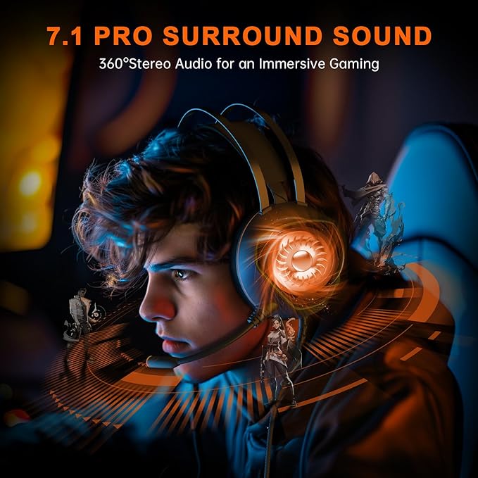 Gaming Headset for Xbox Series X/S, Xbox One, PS5, PS4, PC with 7.1 Surround Sound, Wired Gaming Headphone with Noise Cancelling Mic, Dynamic RGB Light for Xbox Controller, Switch (Black Orange)