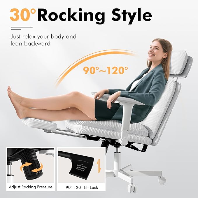 GXJ Criss Cross Chair with Flip-up Arms, Executive Office Chair with Foot Rest, Swivel Cross Legged Office Chair with Lumbar Pillow&Headrest, Corduroy Comfy Computer Desk Chair for Home, White