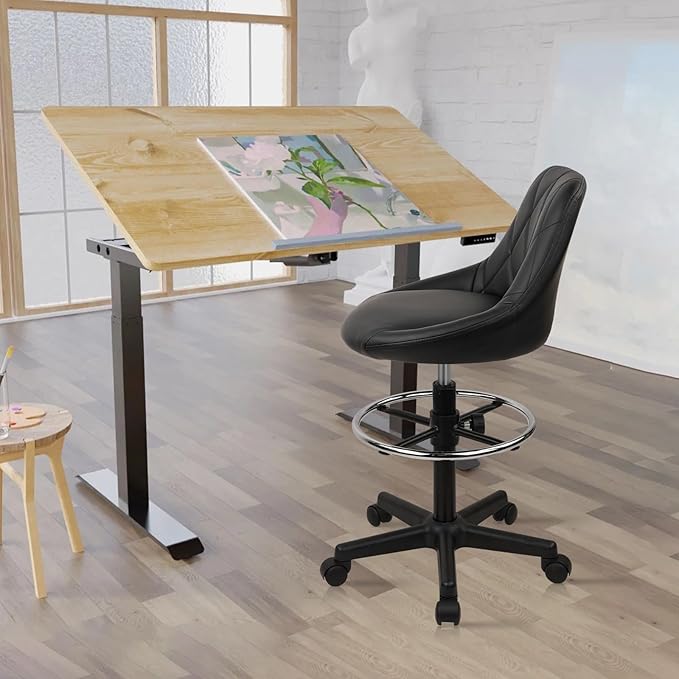 KLASIKA Drafting Chair with Back, Leather Rolling Swivel Stool with Adjustable Height and Footrest, Ergonomic Tall Standing Desk Office Chairs with Wheels for Home Work Shop Kitchen Bar, 1PK