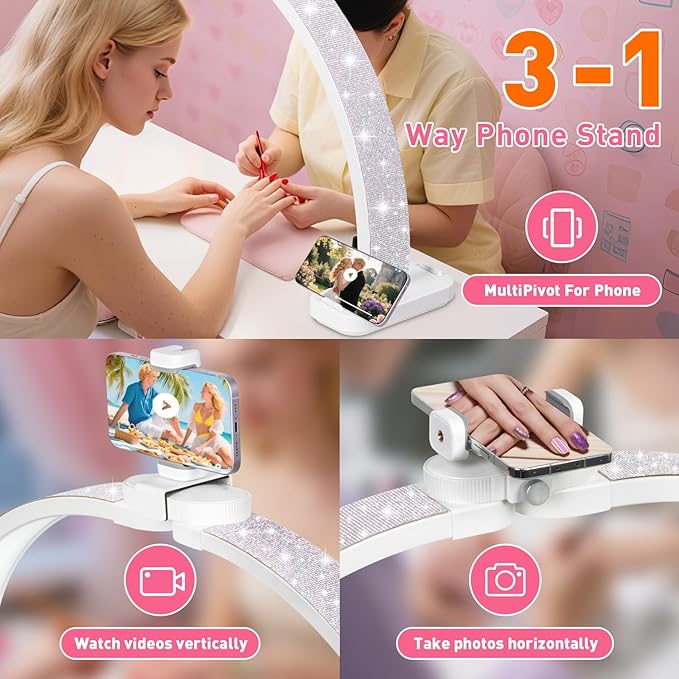 HITTI 31in Half Moon Light for Nail Desk, Foldable, Phone Stand, LED Adjustable Brightness and Color, 48W, Arch Nail Tech Table Lamp for Manicure, Craft, Art, Eyelash Extension (Crystal Diamond)