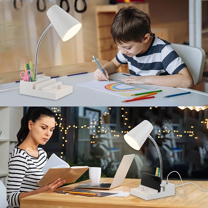 LALISU Study Desk Lamp with USB Charging and Type-C Night Light, Gooseneck LED Table Lamp Stepless Dimming Study Table Lamp with Pen Holder for College Dorm Bedroom and Office (White)