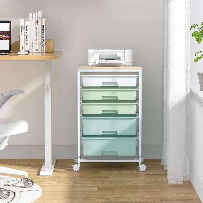 SYKIARIOL Utility Cart with 5 Drawers,Storage Cart with Wooden Tabletop and Lockable Wheels,Craft Storage Trolley Organizer,5-Tier Rolling Utility on Wheels,Light Green