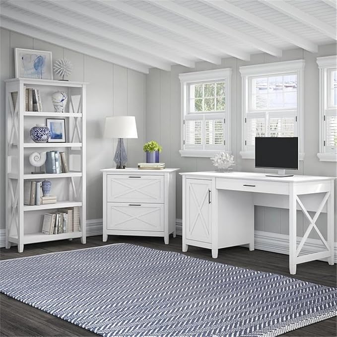 Bush Furniture Key West Computer Desk with 2 Drawer Lateral File Cabinet and 5 Shelf Bookcase, 54W, Pure White Oak