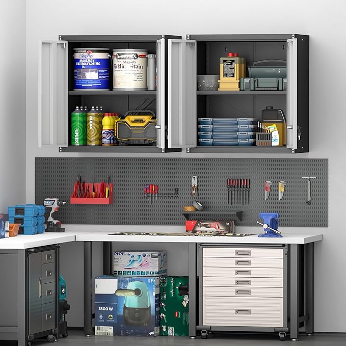 Metal Garage Storage Cabinet, Metal Wall Cabinets with Doors and Shelves, Steel Locking Cabinets, Floating Tool Cabinet for Garage, Basement, Warehouse