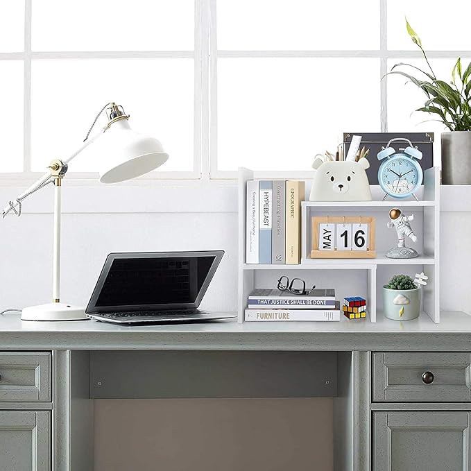 Adjustable Desktop Bookshelf & Desk Organizer Shelf, Counter Top Free Style Display Shelf Rack, Office Supplies Storage Shelf for Desk, Small Desk Hutch Top of Desk Organizers and Accessories